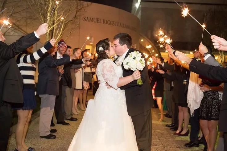 Bride and Groom kissing with guests holding sparklers
