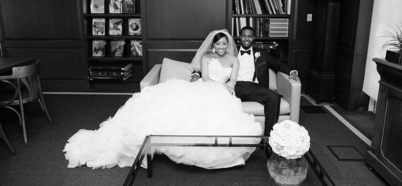 Couple on couch in library